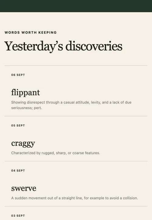 The archive listing recent words with their definitions